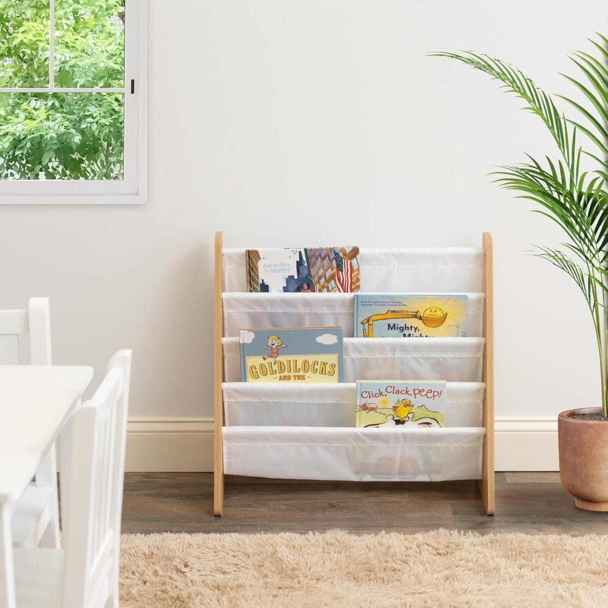Humble Crew 4-Tier Kids Bookshelf, Natural Wood/White – Premium Book Shelf for Kids Rooms with Four Deep Pockets – Toddler Sling Book Rack with Deep Sleeves, Nursery Bookcase Organizer
