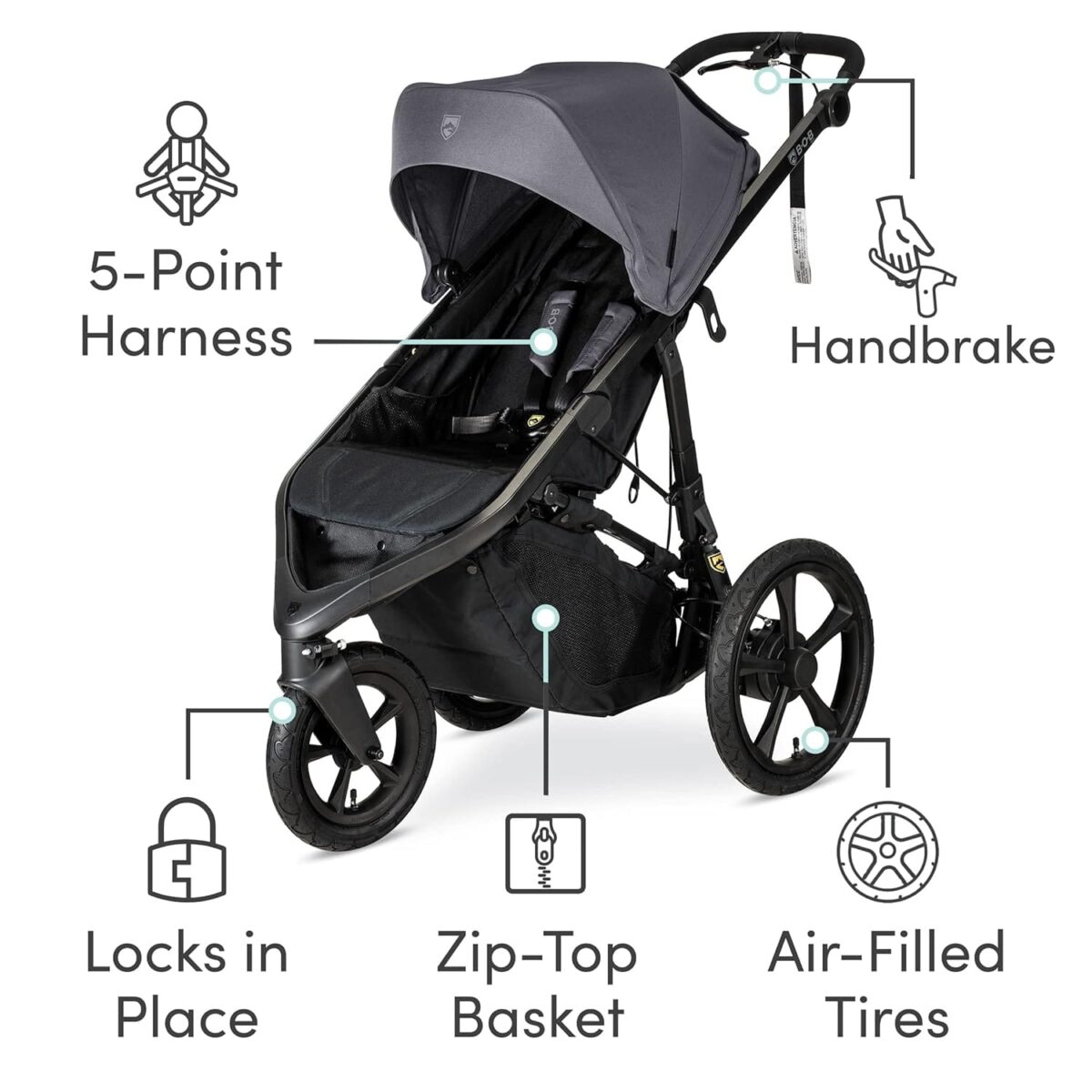 BOB Gear Wayfinder Jogging Stroller with Independent Dual Suspension, Air-Filled Tires, and 75-Pound Weight Capacity, Storm