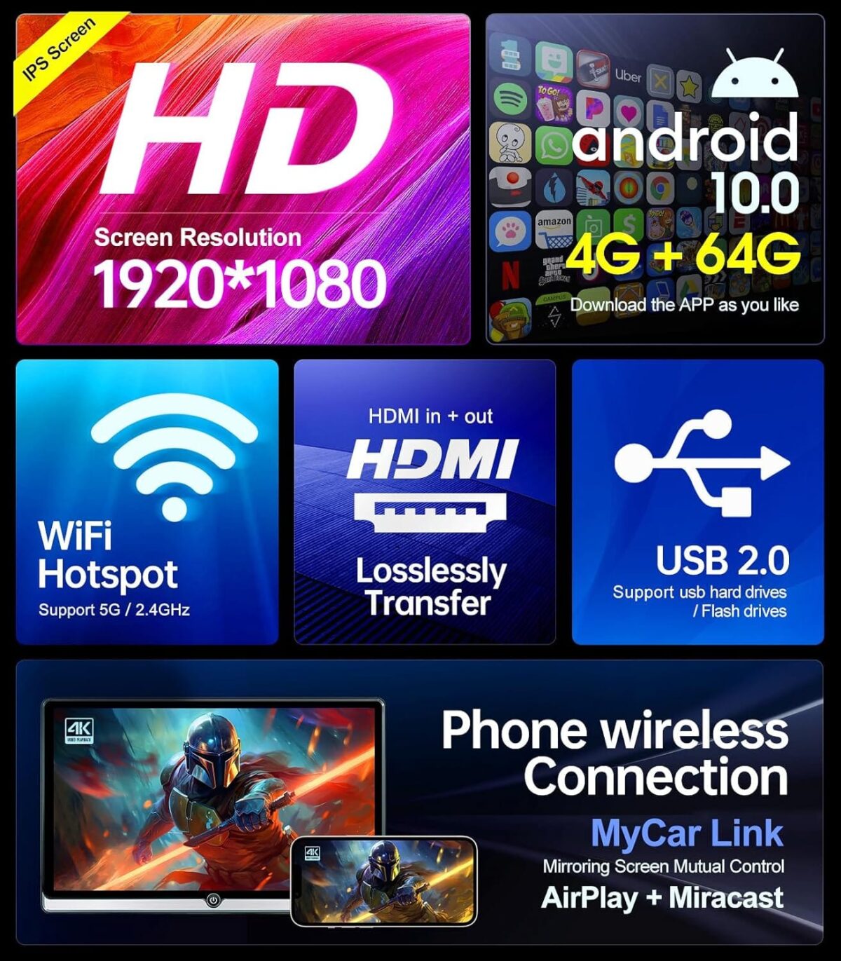14 inch 4K Android 11 Portable Car TV Headrest Monitor Rear Entertainment System for Cars Back Seat,Touch Screen Support Phone Wireless Mirror Link,with WiFi/Bluetooth/HDMI/Multi-Media Video Player