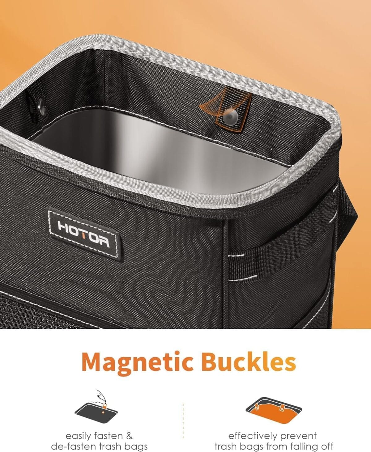 HOTOR Car Trash Can with Lid and Storage Pockets – 100% Leak-Proof Organizer, Waterproof Garbage Can, Multipurpose Trash Bin for Car, 2 Gallons, Black