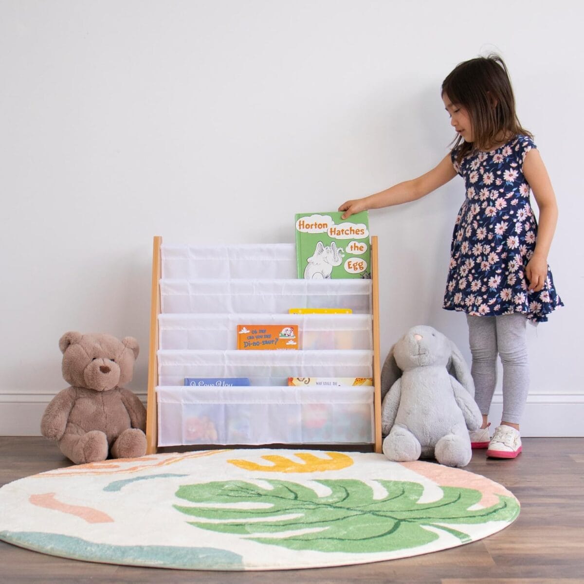 Humble Crew 4-Tier Kids Bookshelf, Natural Wood/White – Premium Book Shelf for Kids Rooms with Four Deep Pockets – Toddler Sling Book Rack with Deep Sleeves, Nursery Bookcase Organizer
