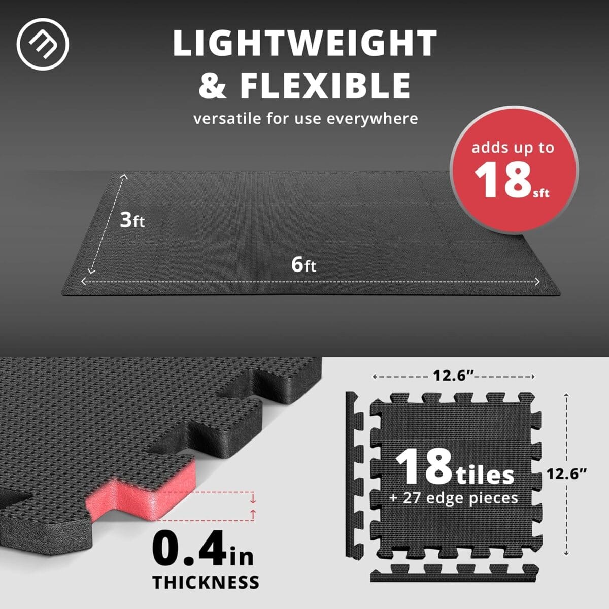Gym Flooring Set – Interlocking EVA Soft Foam Floor Mat, 18 Pieces Puzzle Rubber Tiles Protective Ground Surface Protection, Play Workout Exercise Mats Underlay Matting Sports Pool Home Fitness Garage