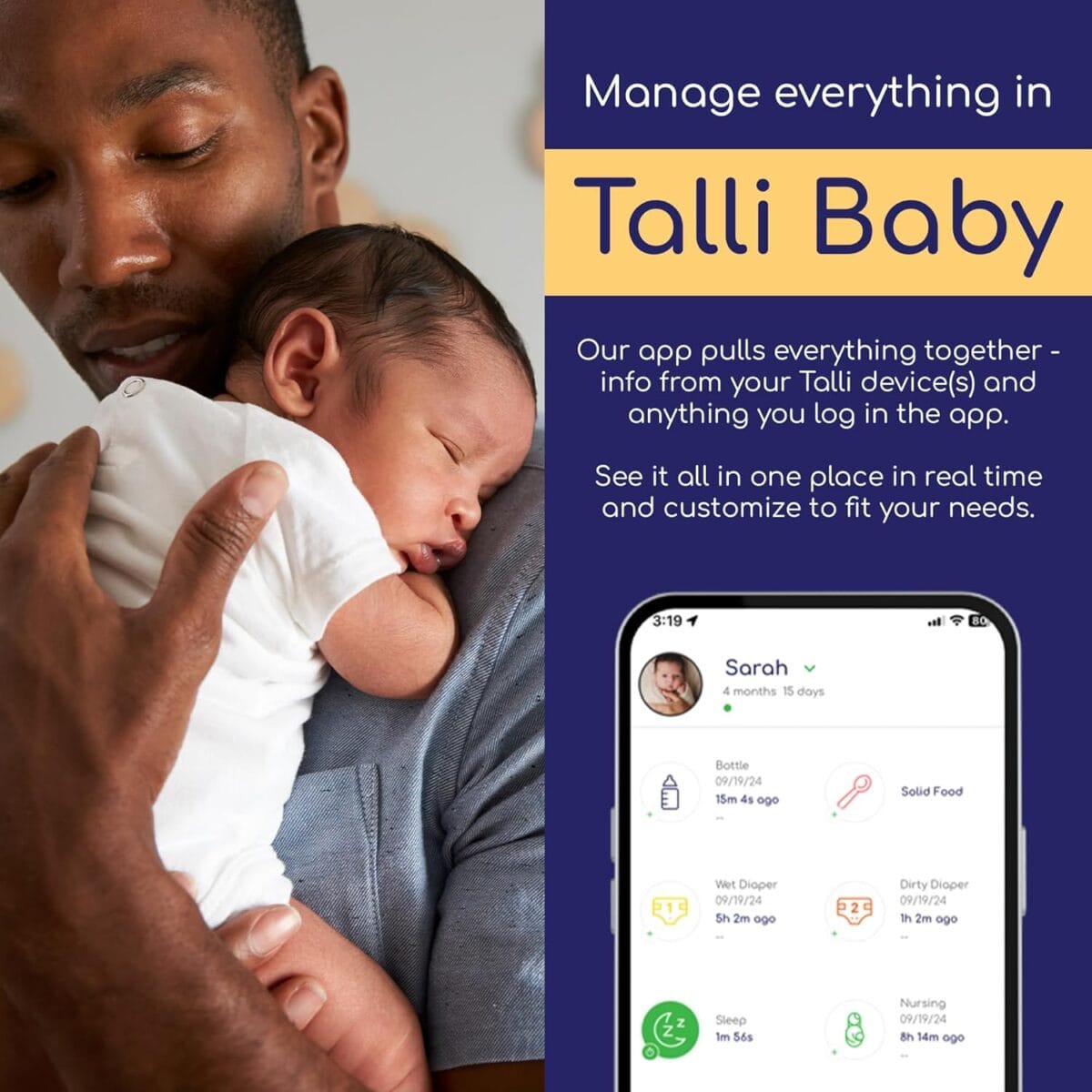 Talli Daily One-Touch Baby Tracker – Baby Monitor to Log Feedings, Diapers, Sleep & More – Electronic Journal Links to Mobile App for Real-Time Baby Monitoring & Tracking – Alexa Compatible