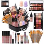 All in One Makeup Kit for Makeup storage bag 2X14 Colors Eyeshadow Palette Liquid Foundation Eyeliner Pencils Contouring Stick Lip Gloss 20Pcs Makeup Brushes For Women Girls Teens (Black)