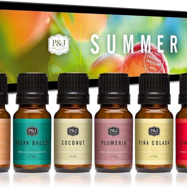 P&J Trading Summer Set of 6 Fragrance Oils - Peach, Strawberry, Plumeria, Coconut, Ocean Breeze, Pina Colada Candle Scents, Soapmaking, Diffuser Oil