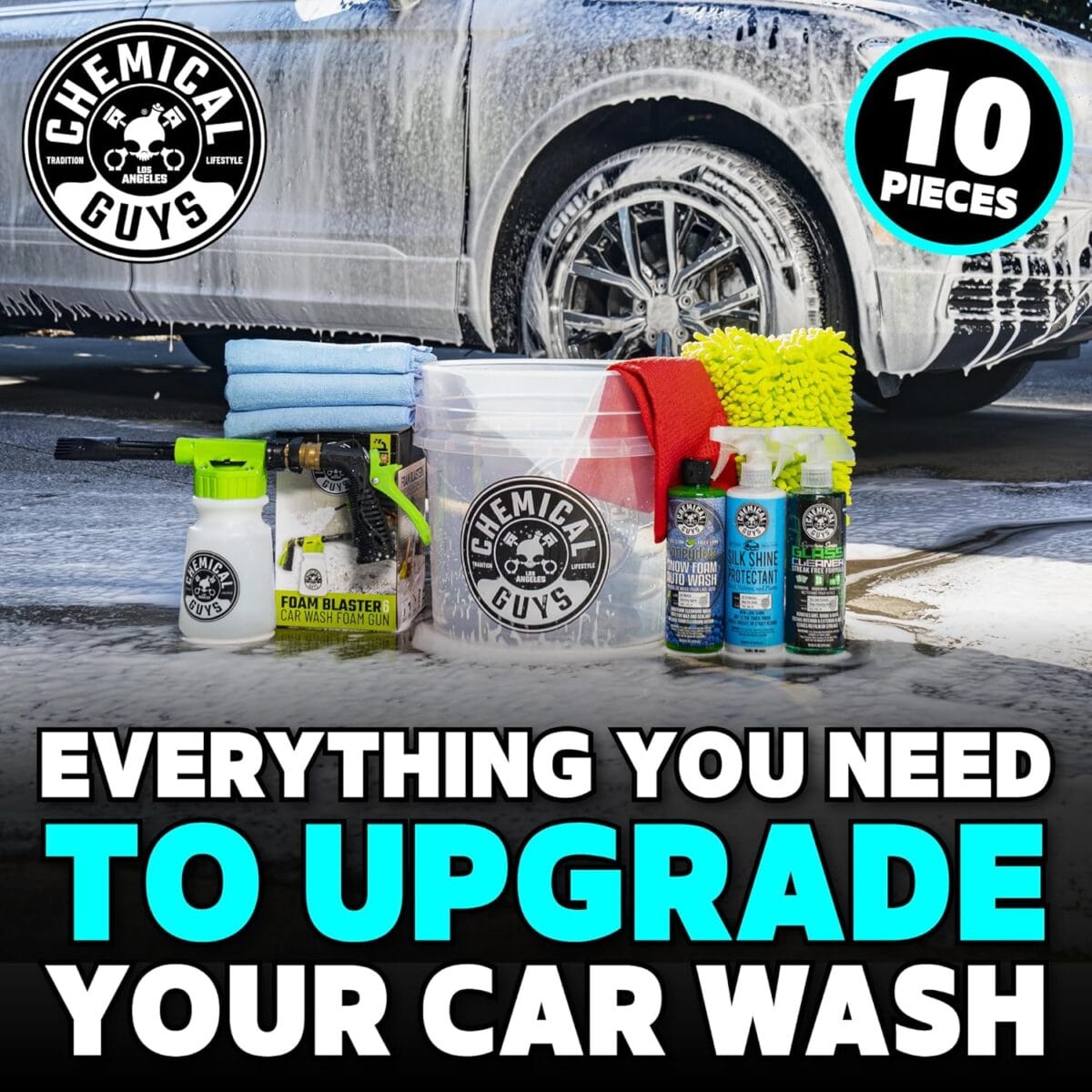 Chemical Guys HOL148 10-Piece Arsenal Builder Car Wash Kit with Foam Gun, Bucket, (4) Towels, Wash Mitt and (3) 16 oz. Car Cleaning Chemicals (Works w/Garden Hose)  2024 Version