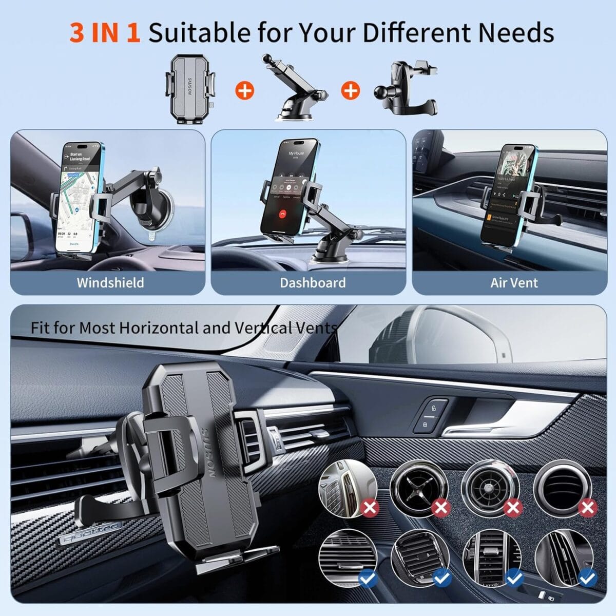 Upgraded 3-in-1 Car Phone Holder Mount [Powerful Suction] Phone Mount for Car Dashboard Air Vent Windshield,for All iPhone Android Phone (Black)