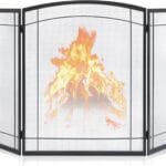 FEED GARDEN 3 Panel Fireplace Screen 48" W x 29" H Modern Foldable with Wrought Metal Decorative Mesh,Arch Heavy Duty Fire Spark Guard Cover for Home Decor Indoor, Black