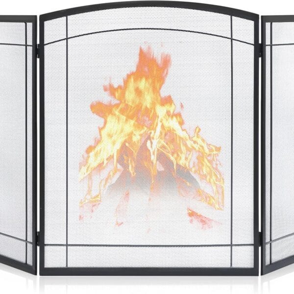 FEED GARDEN 3 Panel Fireplace Screen 48" W x 29" H Modern Foldable with Wrought Metal Decorative Mesh,Arch Heavy Duty Fire Spark Guard Cover for Home Decor Indoor, Black