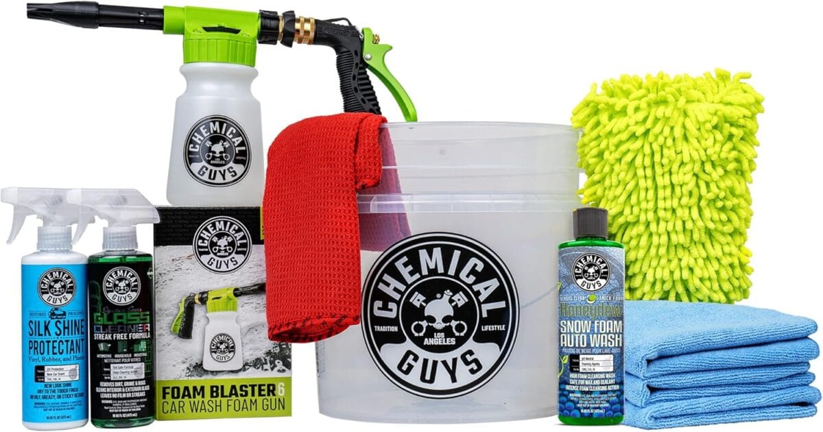 Chemical Guys HOL148 10-Piece Arsenal Builder Car Wash Kit with Foam Gun, Bucket, (4) Towels, Wash Mitt and (3) 16 oz. Car Cleaning Chemicals (Works w/Garden Hose)  2024 Version