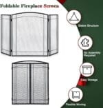 FEED GARDEN 3 Panel Fireplace Screen 48″ W x 29″ H Modern Foldable with Wrought Metal Decorative Mesh,Arch Heavy Duty Fire Spark Guard Cover for Home Decor Indoor, Black