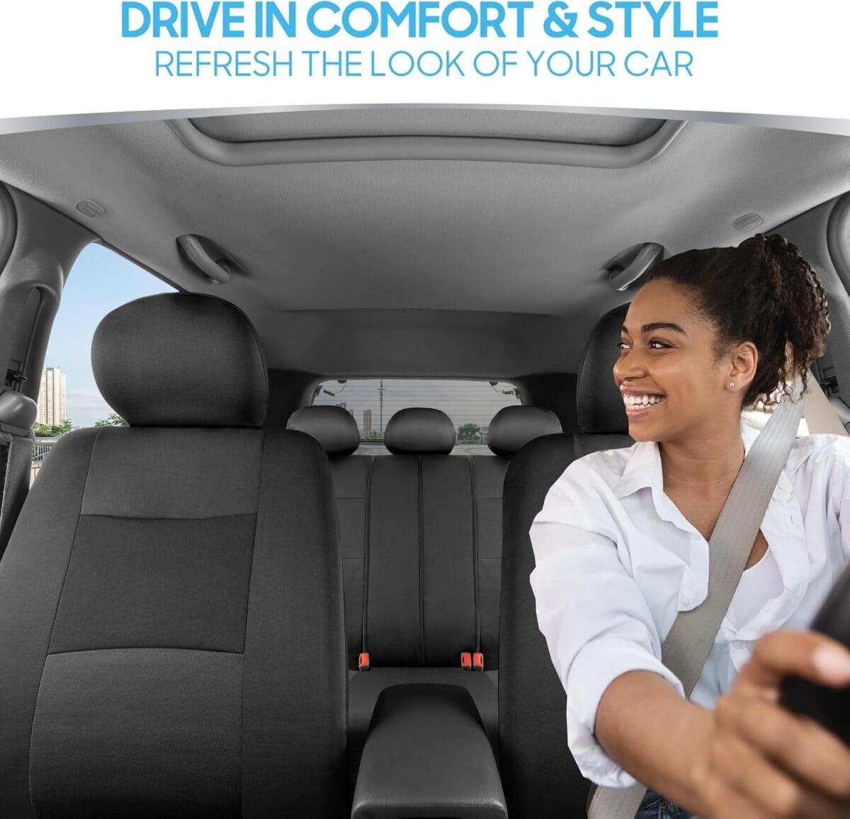 BDK PolyPro Car Seat Covers Full Set in Charcoal on Black  Front and Rear Split Bench for Cars, Easy to Install Cover Set, Accessories Auto Trucks Van SUV