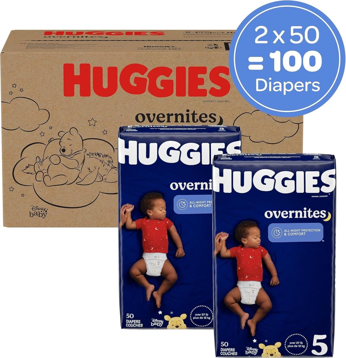 Huggies Size 5 Overnites Baby Diapers: Overnight Diapers, Size 5 (27+ lbs), 100 Ct (2 Packs of 50)