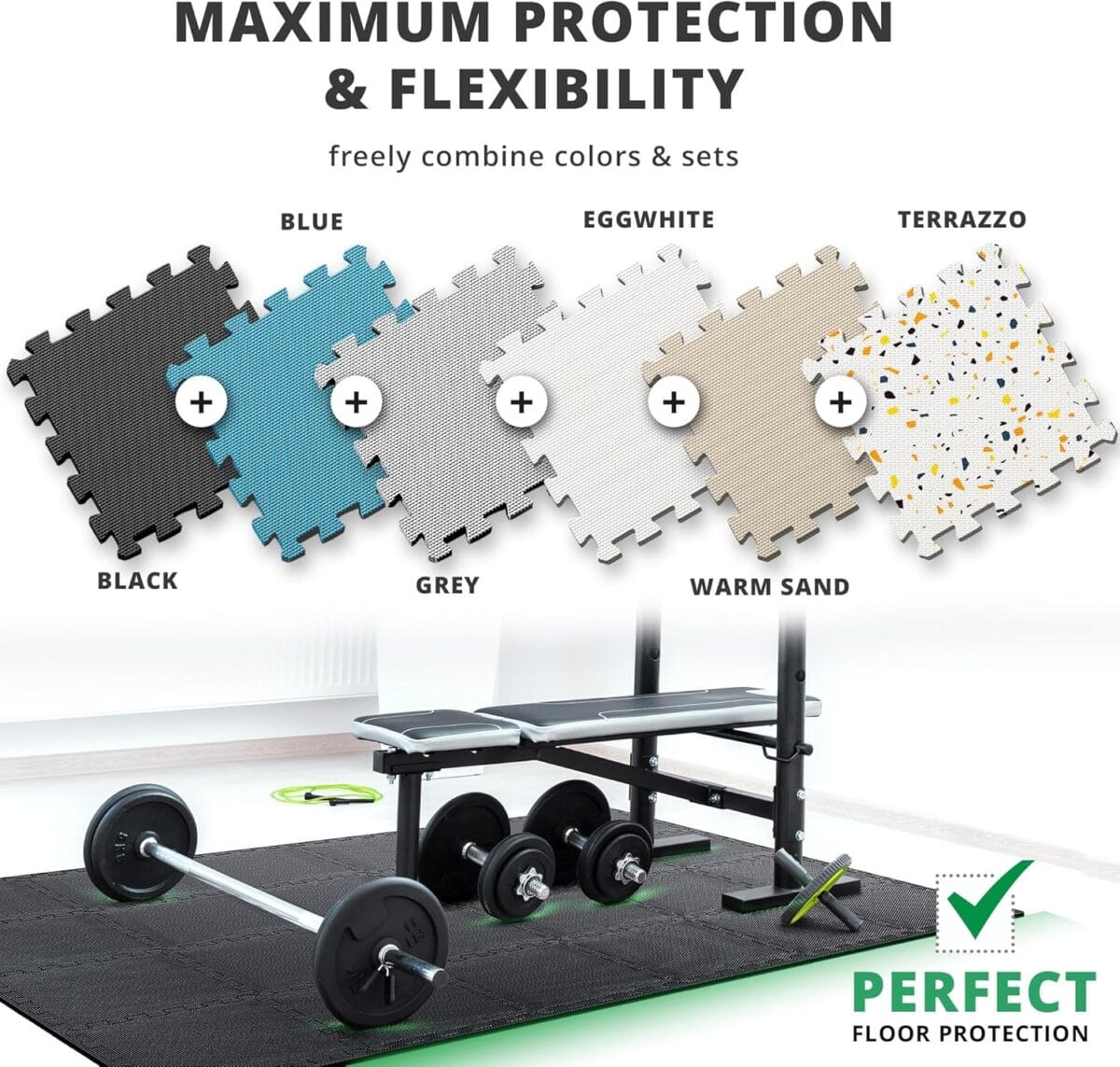Gym Flooring Set – Interlocking EVA Soft Foam Floor Mat, 18 Pieces Puzzle Rubber Tiles Protective Ground Surface Protection, Play Workout Exercise Mats Underlay Matting Sports Pool Home Fitness Garage