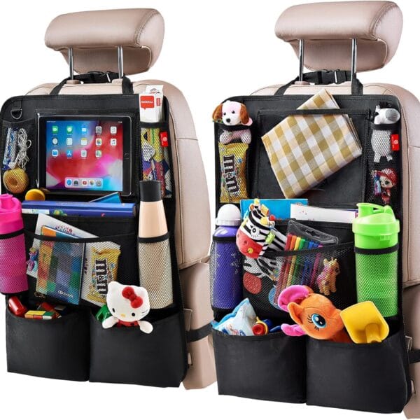 Helteko Backseat Car Organizer, Kick Mats Back Seat Protector with Touch Screen Tablet Holder, Back Seat Organizer for Kids with 9 Storage Pockets, Travel Accessories (2 Pack, Black)