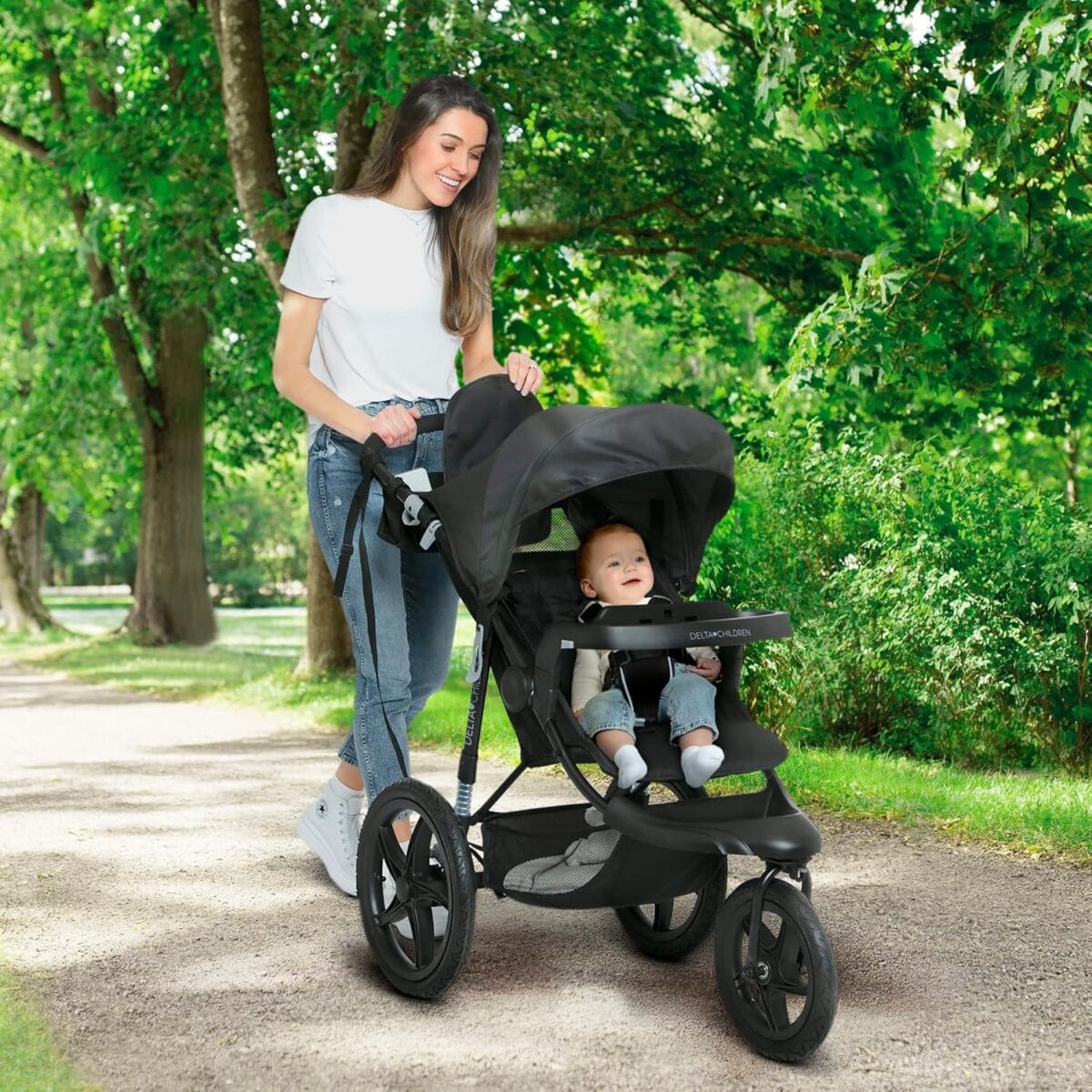 Delta Children Apollo Jogging Stroller – Shock Absorbing Frame with Large Canopy & Recline – Car Seat Compatible, Black