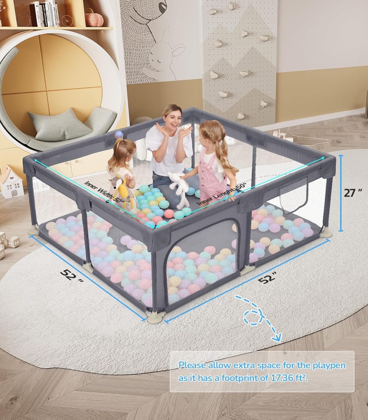 Dripex Baby Playpen, 52″52″ Play Pens for Babies and Toddlers, Safe Anti-Fall Play Yard with Gates, Baby Fence with Breathable Mesh, Indoor & Outdoor Kids Activity Center, Anchor Grey