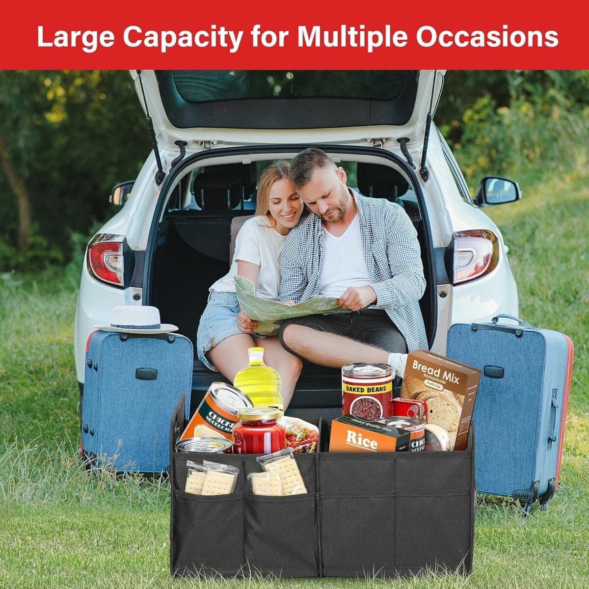 Simple Deluxe Trunk Organizer for Car/SUV/Truck, Collapsible 2 Compartment Automotive Storage Box, 600D Waterproof Oxford Polyester 50L Travel Accessories, Anti-slip & Leak-proof, Black