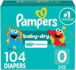 Pampers Diapers - Baby Dry - Size 0, 104 Count, Absorbent Disposable Newbort Diaper (Packaging May Vary)