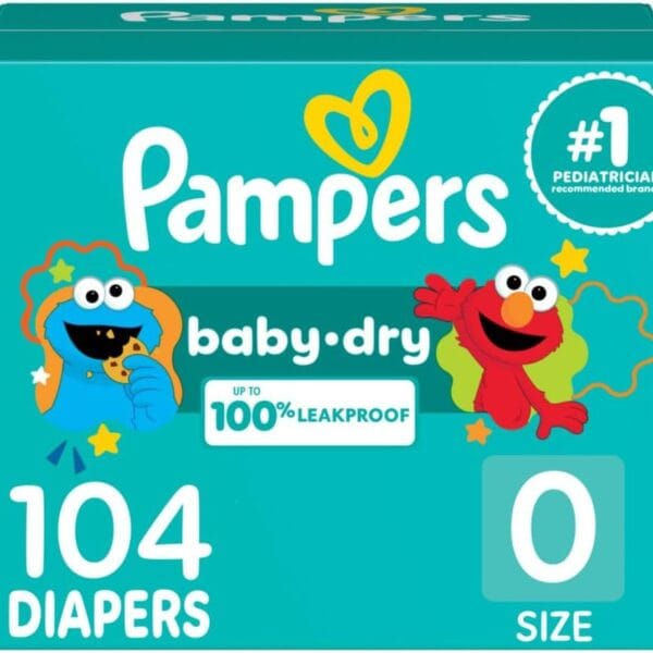 Pampers Diapers - Baby Dry - Size 0, 104 Count, Absorbent Disposable Newbort Diaper (Packaging May Vary)