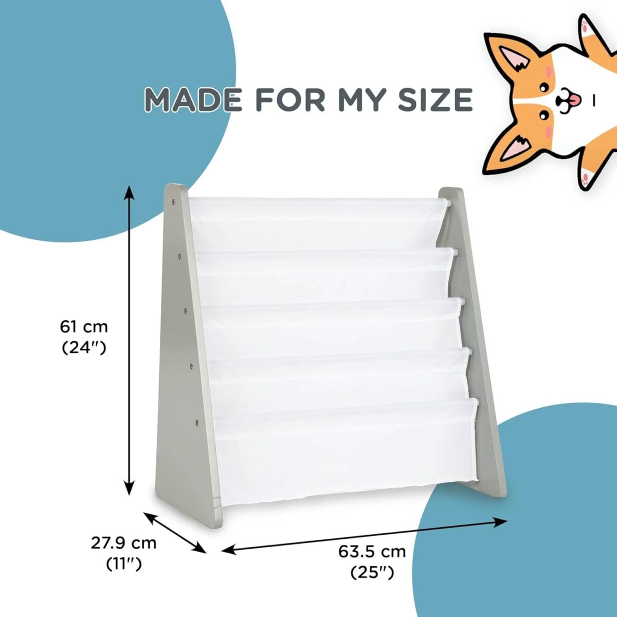 Humble Crew 4-Tier Kids Bookshelf, Grey Wood/White – Premium Book Shelf for Kids Rooms with Four Deep Pockets – Toddler Sling Book Rack with Deep Sleeves, Nursery Bookcase Organizer