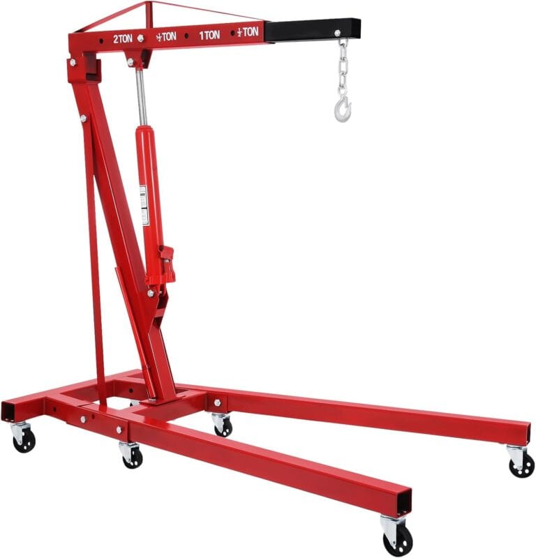Hydraulic Engine Crane Hoist, 2 Ton Folding Motor Hoist Cherry Picker Heavy Duty Steel 4400lbs Lifting with 6 Casters for Garage Workshop(Red)