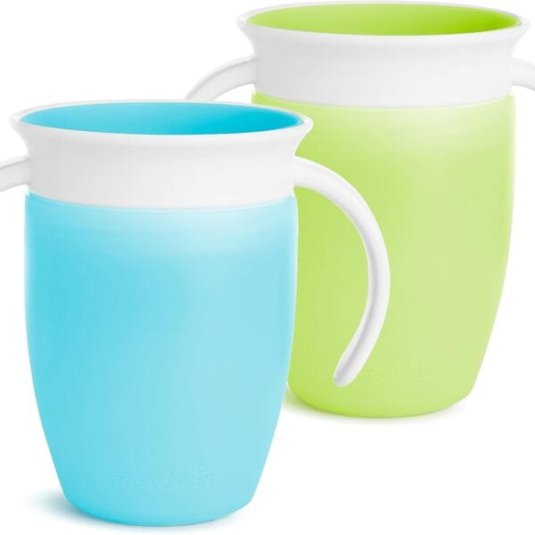 Munchkin Miracle 360 Trainer Sippy Cup with Handles, Spill Proof, 7 Ounce, 2 Pack, Green/Blue
