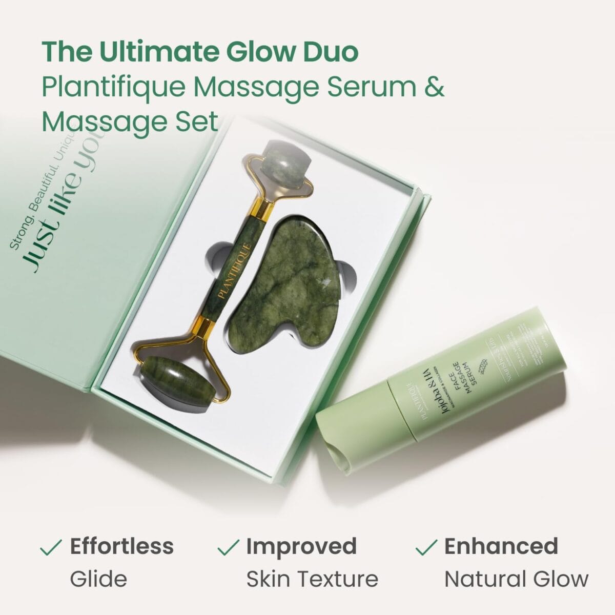 PLANTIFIQUE Jade Roller & Gua Sha Set  Real Jade Facial Tools for Skin Care Routine  Certified Face Massager for Radiant Skin