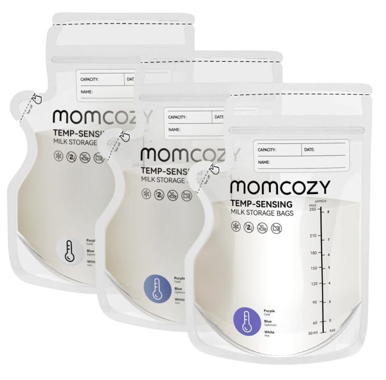 Momcozy Easy Pour Breastmilk Storage Bag, 8Oz, Temp-Sensing Color Change, 120 Count Milk Bag with Self Standing for Breastfeeding, No Leak Presterilized for Freezer, Recyclable & BPA Free