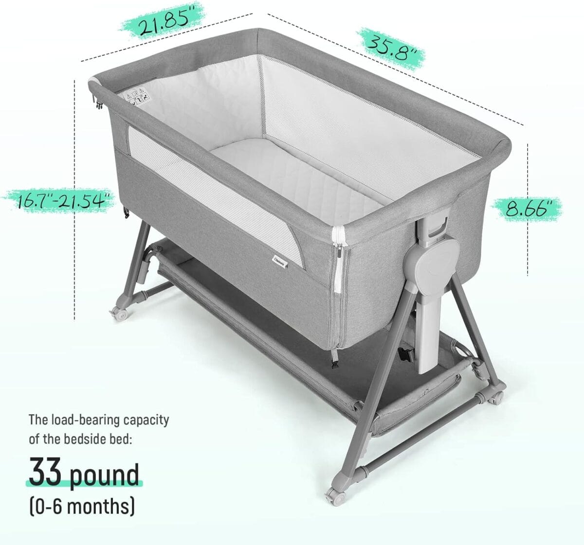 Cowiewie Bassinet Bedside Sleeper, Baby Bassinet with 7 Adjustable Height, Bedside Bassinets for Baby with Breathable Mesh Sides & Mattress, XL Storage, Easy Folding Baby Crib (Pyramid Light Gray)