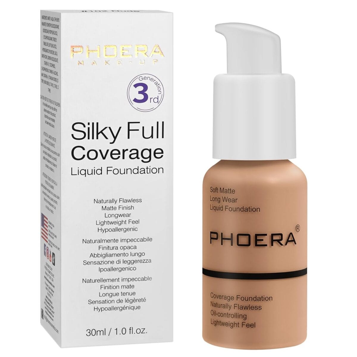 Hilareco PHOER Foundation, 1 pcs-105- Sand, Full Coverage Concealer, 30ml, Matte Liquid Foundation, Cruelty-free, Vegan Guarantee