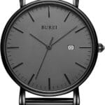 BUREI Men's Fashion Minimalist Wrist Watch All Black Waterproof Watches Simple Ultra Thin Watches Analog Quartz Date with Stainless Steel Mesh Band