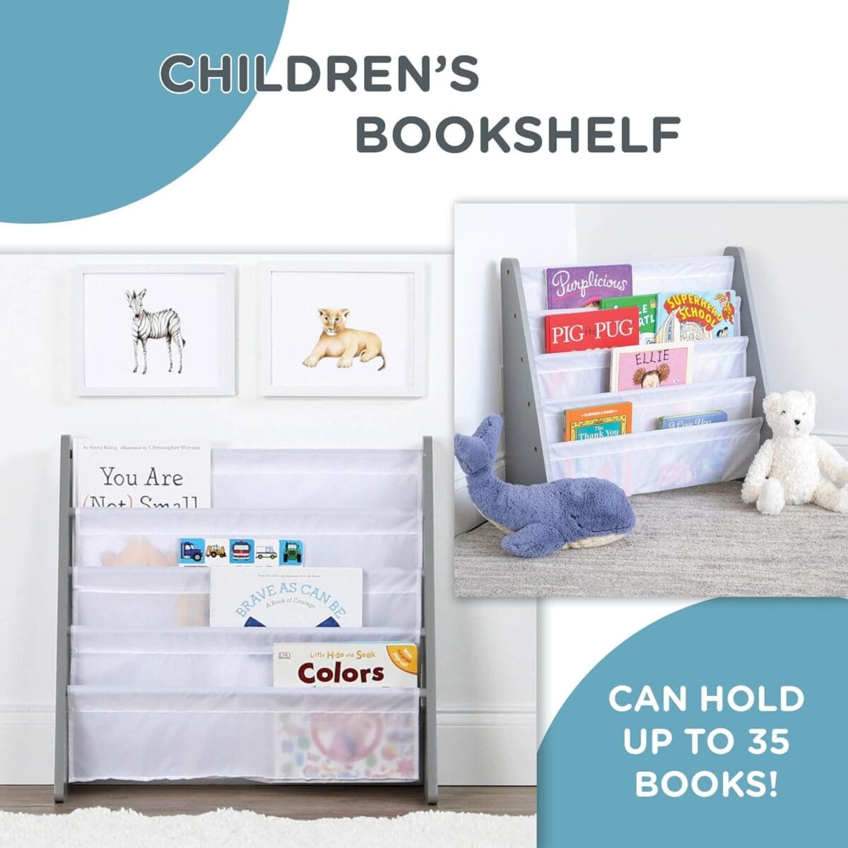 Humble Crew 4-Tier Kids Bookshelf, Grey Wood/White – Premium Book Shelf for Kids Rooms with Four Deep Pockets – Toddler Sling Book Rack with Deep Sleeves, Nursery Bookcase Organizer