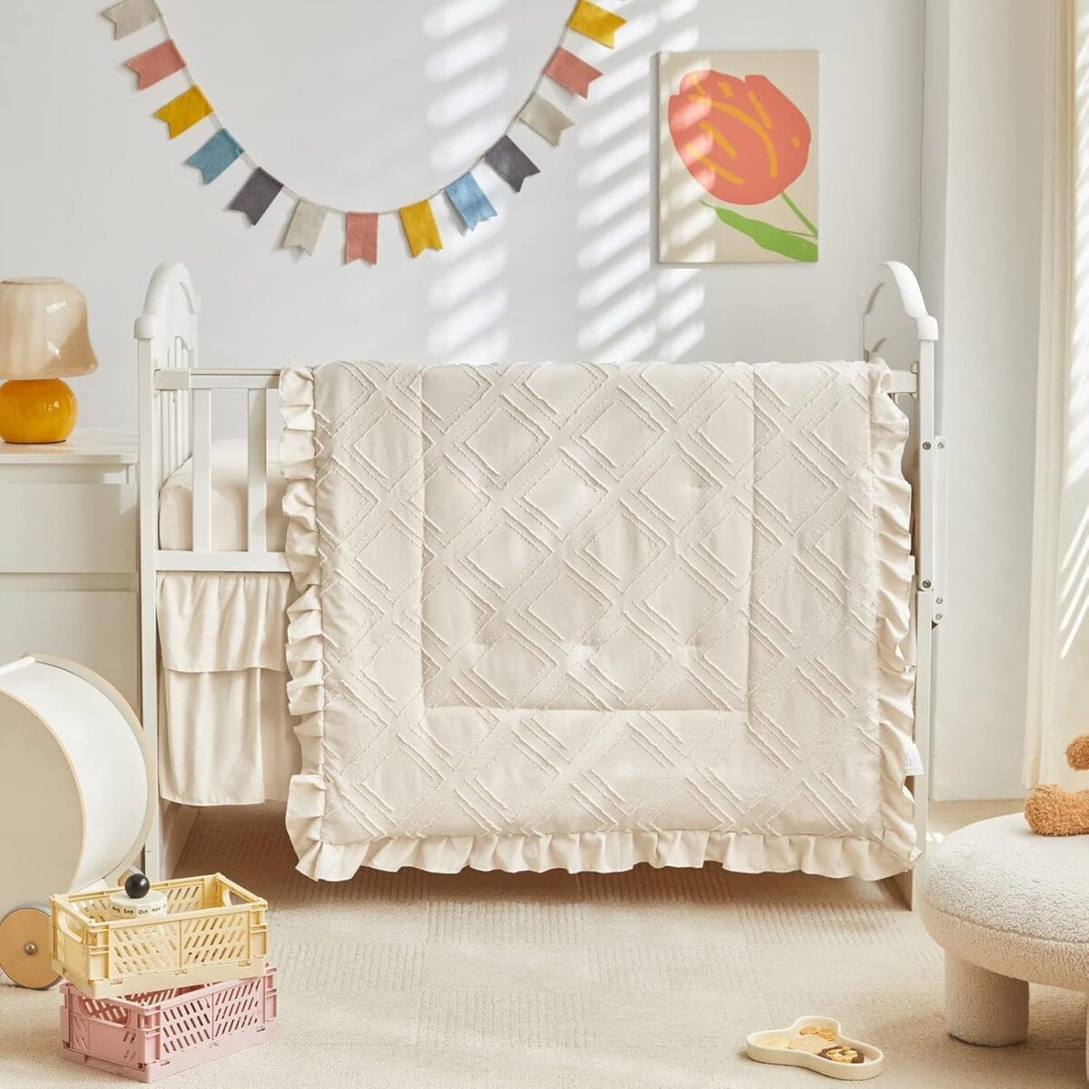 Tufted Ruffle Crib Bedding Set 3 Pieces Baby Boho Quilted Comforter with Fitted Sheet and Bed Skirt – Cute Ruffled Shabby Chic Baby Bedding Soft Blanket Design Cream White