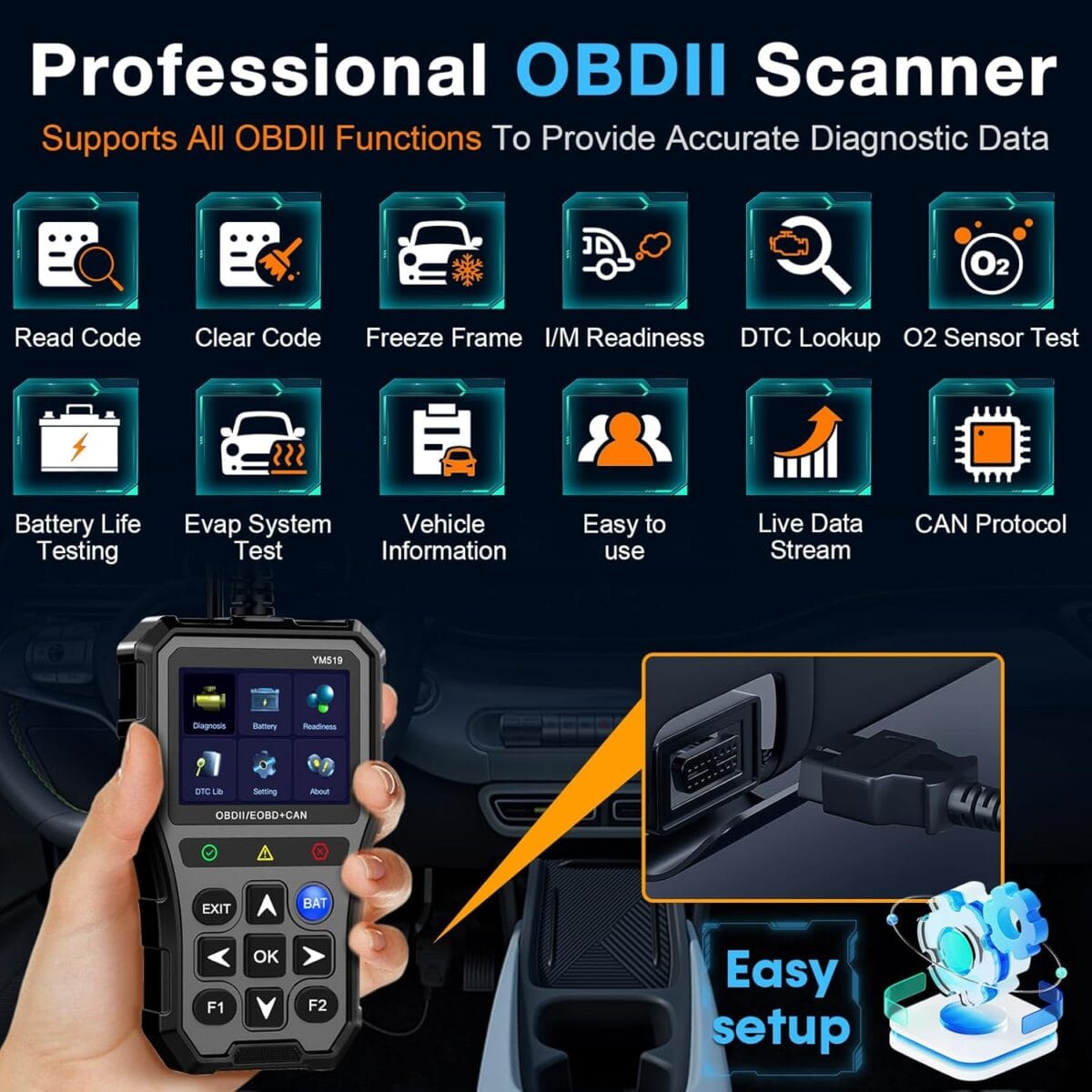AMTIFO OBD2 Scanner with Battery Tester – Diagnostic Tool for Cars, Check Engine Light & Emissions Readiness, Real-Time Date, Plug & Play, Multilingual, Support All Vehicles