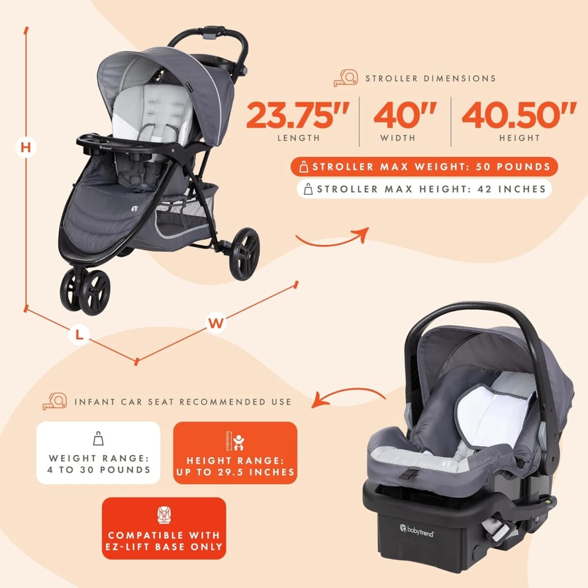 Baby Trend EZ Ride Travel System with EZ-Lift Infant Car Seat, Dash Grey