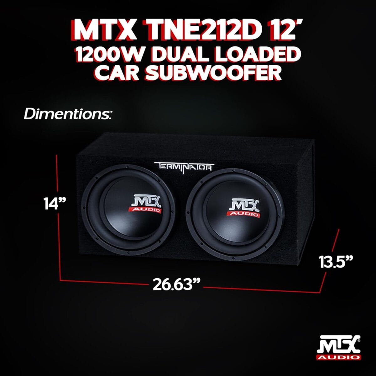 MTX Terminator Dual 12-Inch Subwoofers with Loaded Enclosure, 1200W Max Power, 400W RMS