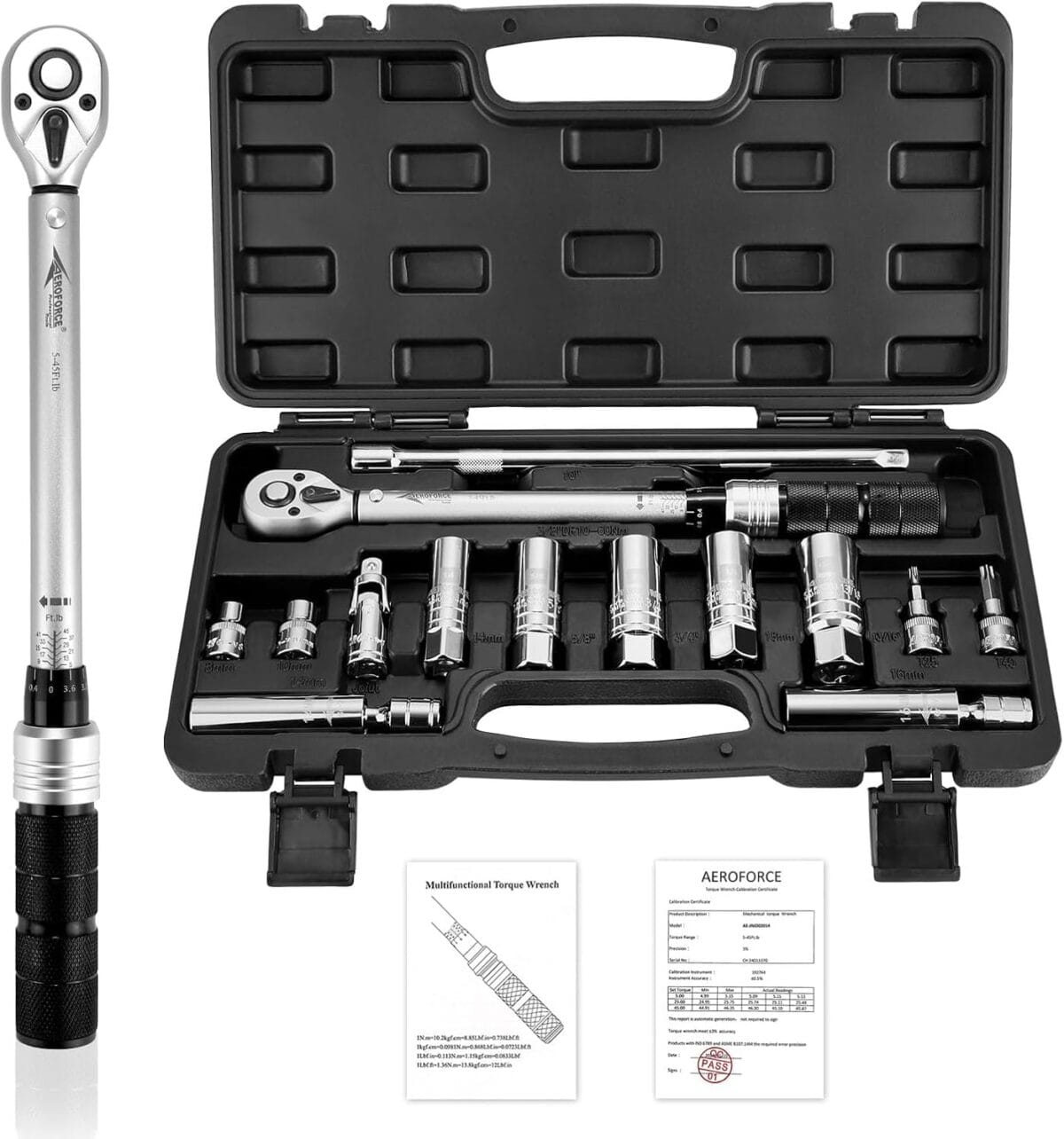 AEROFORCE 14PCS 3/8-Inch Drive Swivel Magnetic Spark Plug Socket Set with 3/8'' Torque Wrench (5-45 Lb.ft/6.8-61.2 Nm), Universal Joint & Extension Bar - Durable CR-V Steel for Easy Spark Plug Removal