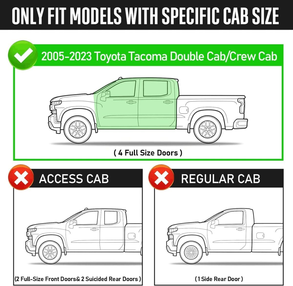 Drop Down Running Boards Compatible with 2005-2023 Toyota Tacoma Double Cab Crew Cab, Dual-Stage Textured Black Powder Coated, 4 Inch Step Bars Side Step.