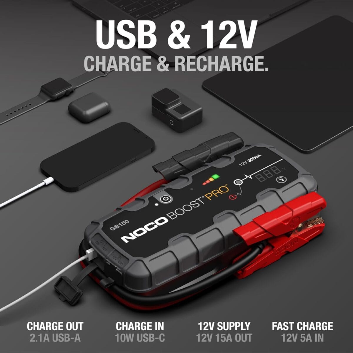 NOCO Boost Pro GB150 3000A UltraSafe Car Battery Jump Starter, 12V Battery Pack, Battery Booster, Jump Box, Portable Charger and Jumper Cables for 9.0L Gasoline and 7.0L Diesel Engines