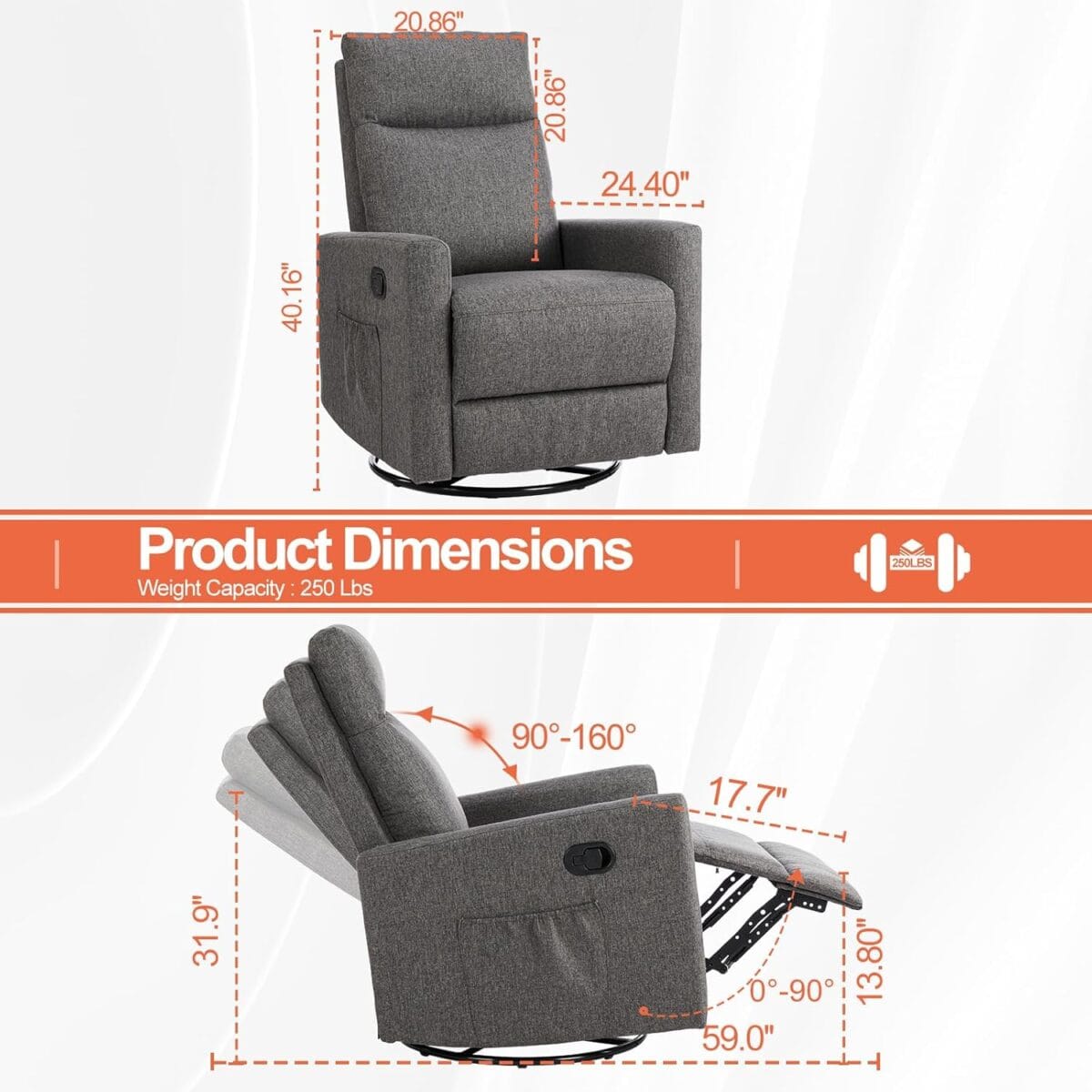 Sweetcrispy Recliner Chair, 360 Swivel Rocker Chair for Adults, Glider Rocker Recliners, Nursery Chairs for Living Room, High Back, Upholstered Deep Seat, Grey