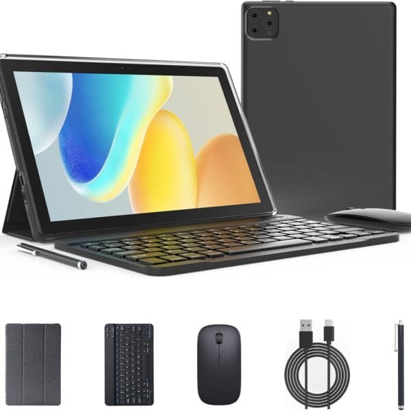 Andoird 14 Tablet 10 inch, 2 in 1 Tablets with Keyboard Case Stylus Mouse, 10GB RAM 64GB ROM 1TB Expand, Octa-Core 2.0Ghz, 5G WiFi, BT5.0, 6000mAh, 8MP Camera, 1280 x 800 HD Screen, Widevine L1, GMS