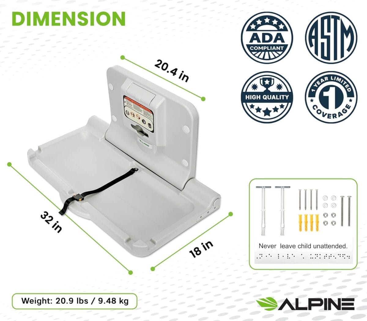 Alpine Wall Mounted Baby Changing Station – Horizontal Baby Changing Table Foldable Diaper Tables with Safety Strap for Commercial Bathroom, ADA Complaint (Hardware Included) White Gray
