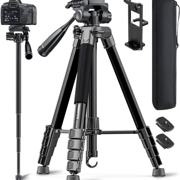 73" Camera Tripod and Monopod, Professional Aluminum Tripod Stand for Mirrorless Camera/DSLR/Cell Phone/Camcorder/GoPro, with Phone Holder and Travel Bag (Black)
