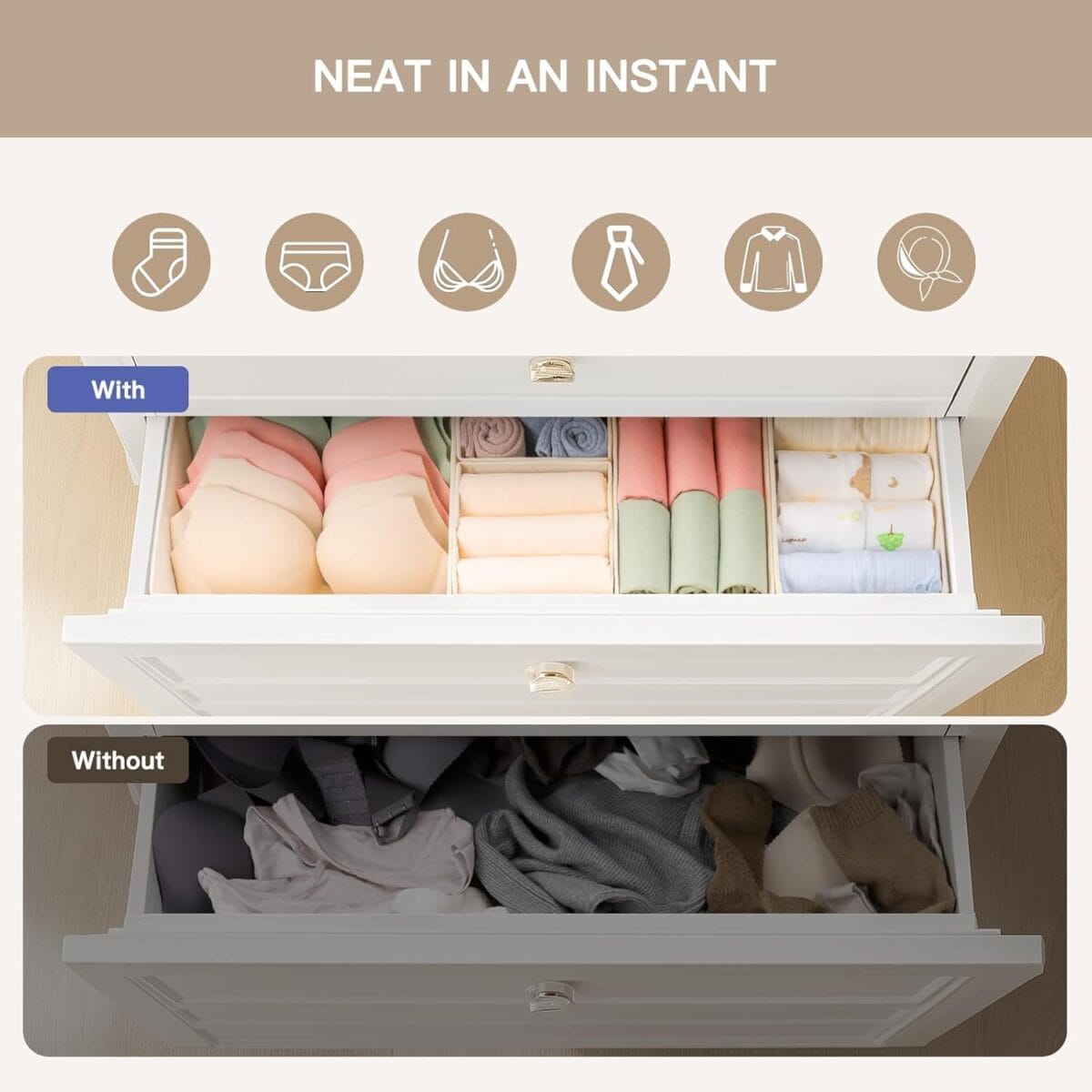 Criusia Drawer Organizer Clothes, 10 Pack Dresser Organizer for Baby Clothes, Underwear, Sock- Foldable Closet Organization and Storage Dividers Bins for Nursery, Bedroom (Beige)