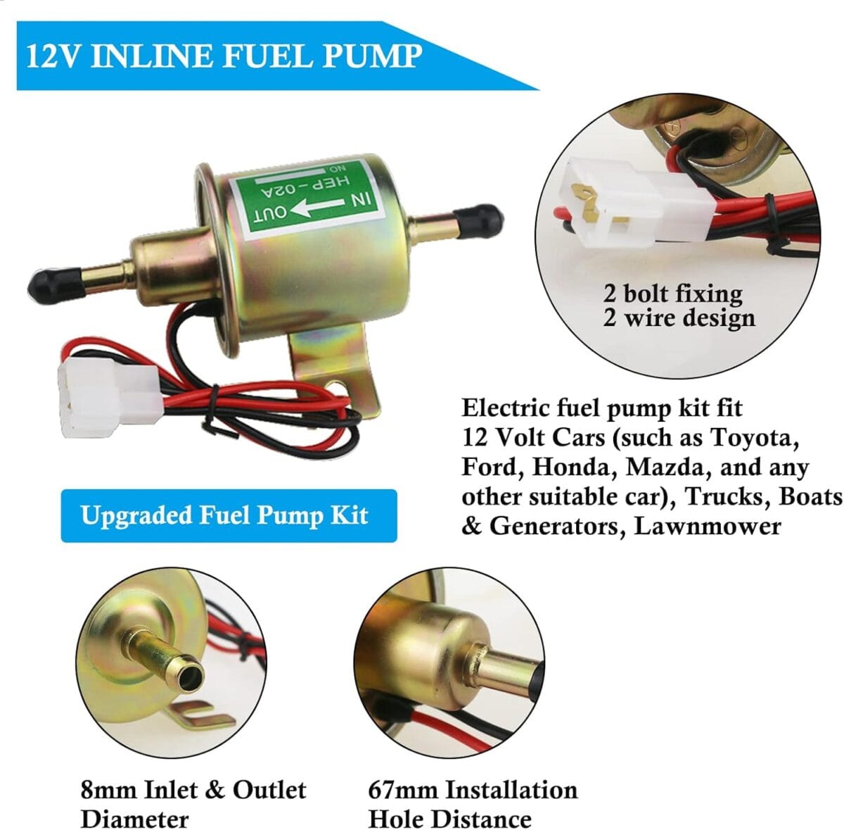 Universal Electric Fuel Pump Kit for All 12V Cars Trucks Boats Carburetor Lawn Mower, DC 12V (3-6PSI) Fuel Pump+ 2M 5/16″ ID Fuel Line + Fuel Filters + 10pcs Hose Clamp