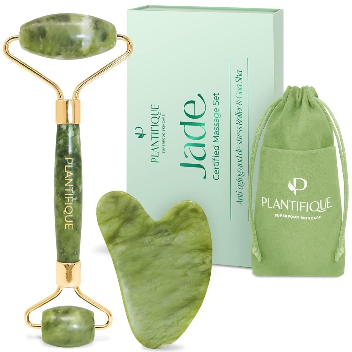 PLANTIFIQUE Jade Roller & Gua Sha Set  Real Jade Facial Tools for Skin Care Routine  Certified Face Massager for Radiant Skin