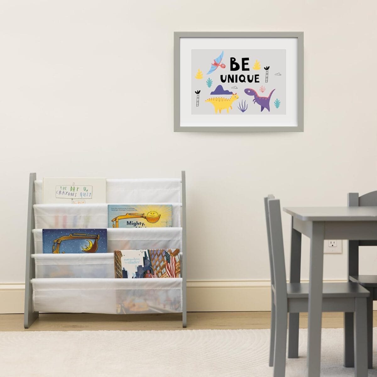 Humble Crew 4-Tier Kids Bookshelf, Grey Wood/White – Premium Book Shelf for Kids Rooms with Four Deep Pockets – Toddler Sling Book Rack with Deep Sleeves, Nursery Bookcase Organizer