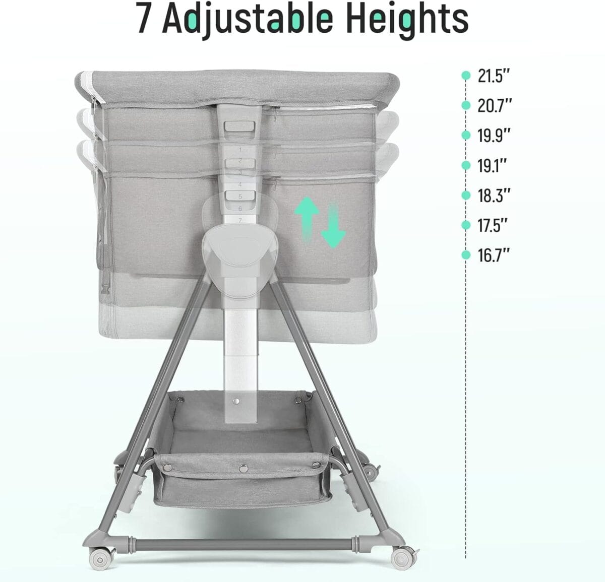 Cowiewie Bassinet Bedside Sleeper, Baby Bassinet with 7 Adjustable Height, Bedside Bassinets for Baby with Breathable Mesh Sides & Mattress, XL Storage, Easy Folding Baby Crib (Pyramid Light Gray)