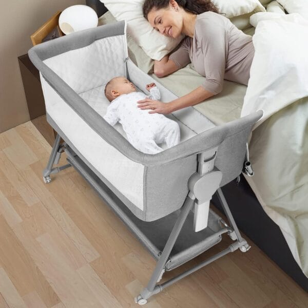 Cowiewie Bassinet Bedside Sleeper, Baby Bassinet with 7 Adjustable Height, Bedside Bassinets for Baby with Breathable Mesh Sides & Mattress, XL Storage, Easy Folding Baby Crib (Pyramid Light Gray)